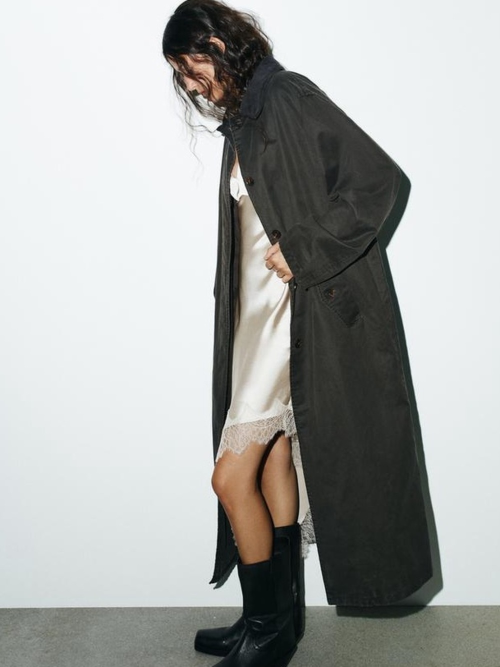 NWOT. Zara Anthracite Grey Waxed-Effect Long Trench Coat. Size M-L. - Picture 6 of 16